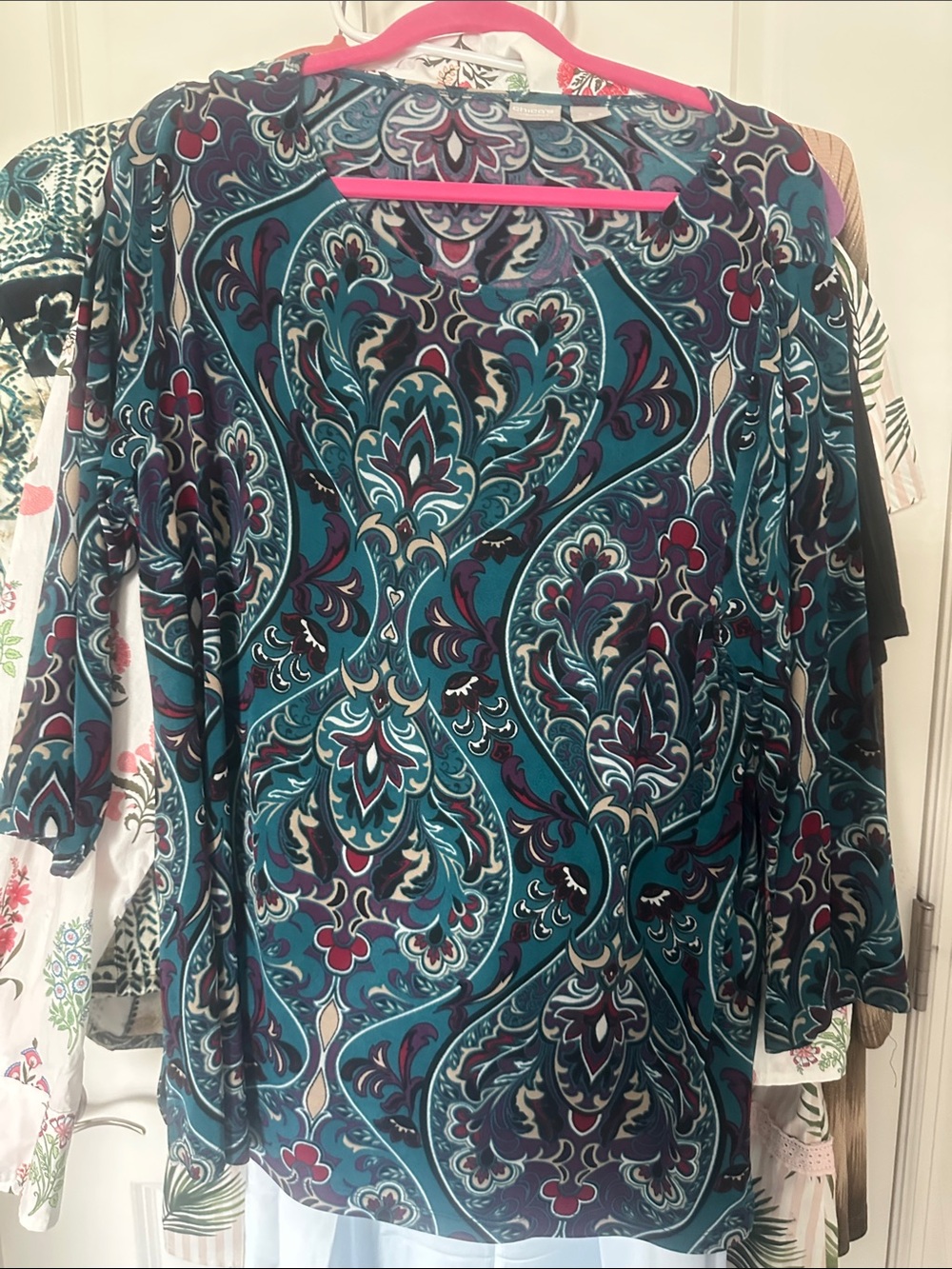 Chico's Teal and Plum Paisley Long-Sleeve Top